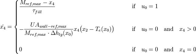 
\dot{x_4} =  \begin{cases}

\dfrac{M_{ref,max} - x_4}{\tau_{fill}} & \qquad \text{if} \quad u_0 = 1 \\ \\
- \dfrac{UA_{wall-ref,max}}{M_{ref,max} \cdot \Delta h_{lg}(x_0)} x_4 \big( x_2 - T_e(x_0) \big) & \qquad \text{if} \quad u_0 = 0 \quad \text{and}\quad  x_4 > 0 \\ \\ 
0 & \qquad \text{if} \quad u_0 = 0 \quad \text{and} \quad x_4 = 0

\end{cases}

