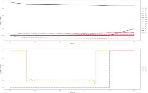 States, control, and sampling functions for a local optimum. Both measurement functions overlap.